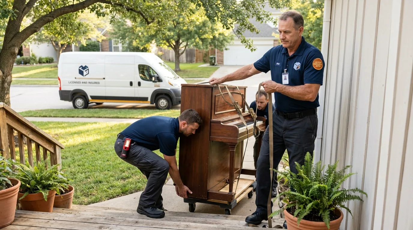 Licensed piano movers securing grand piano in Monroeville, OH