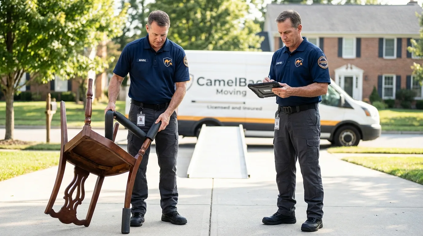 Movers inspecting furniture for damage prevention before loading in Monroeville, OH